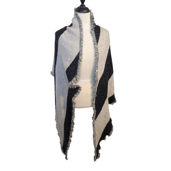 Women's Large Asymmetrical Scarf Shawl Wrap Black Gray with Fringe Asymmetrical - Picture 1 of 6
